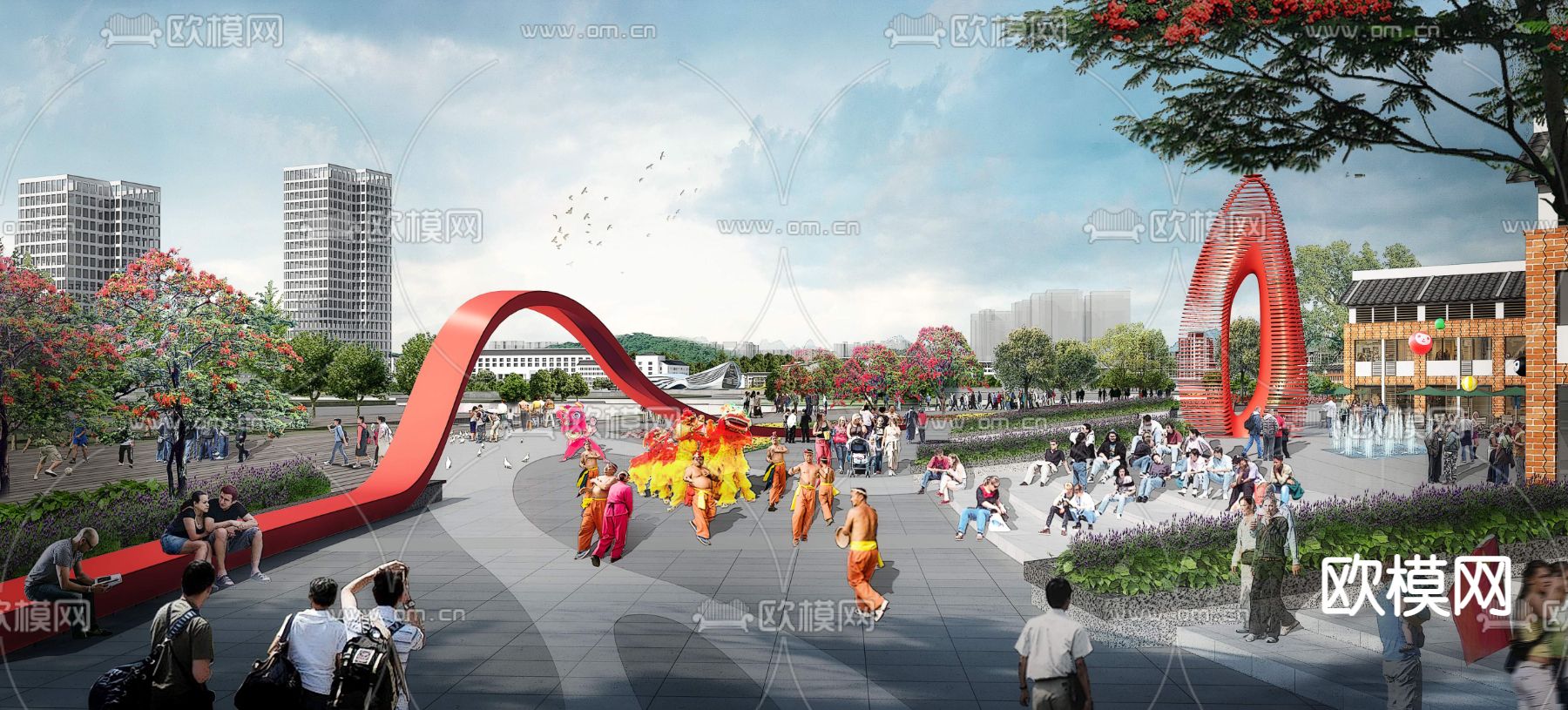 广场舞狮景观psd下载