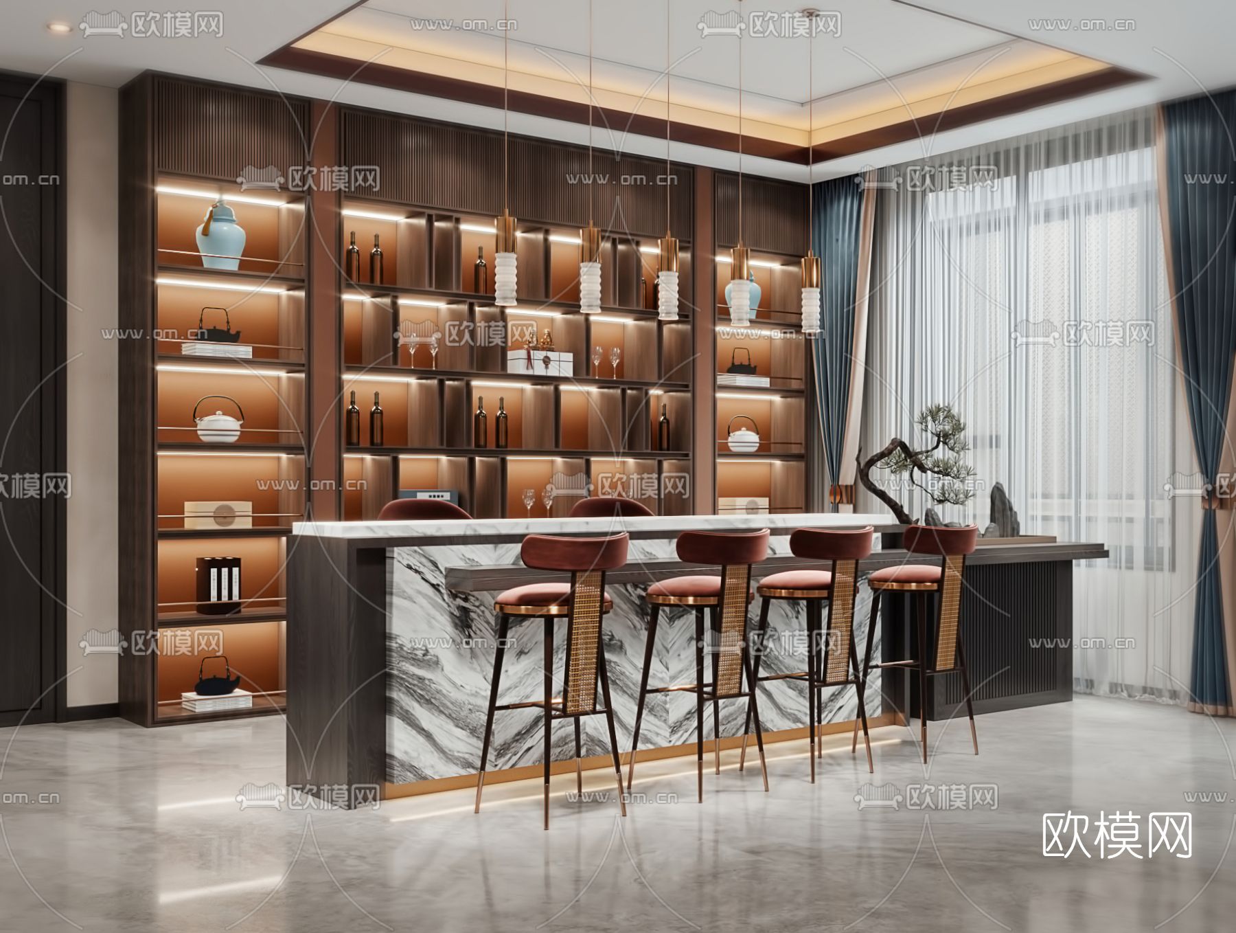 新中式吧台3d模型下载（渲染图1）