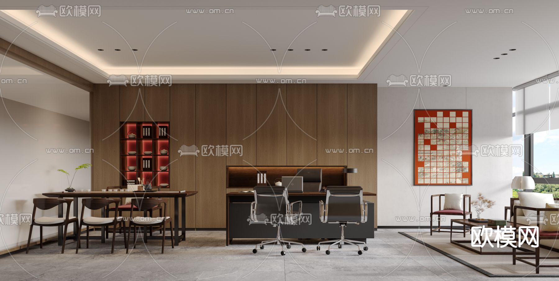 新中式总经理办公室3d模型下载