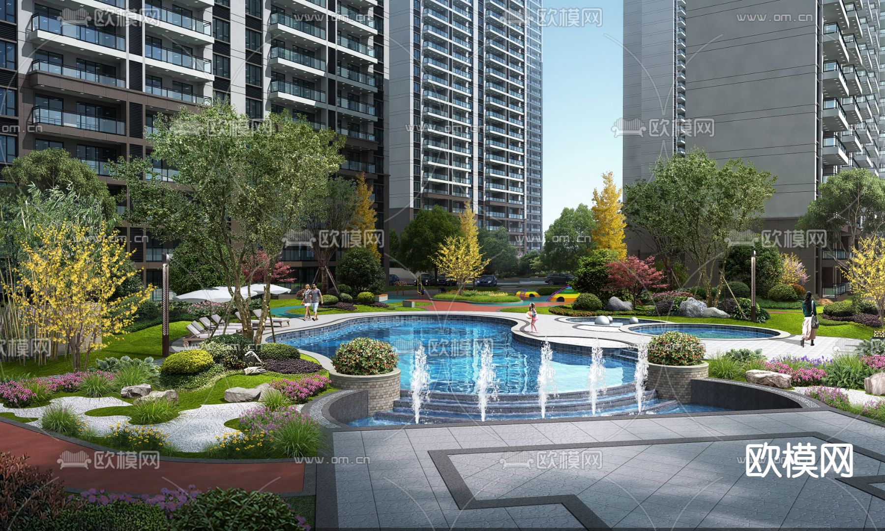 小区公园喷泉psd下载