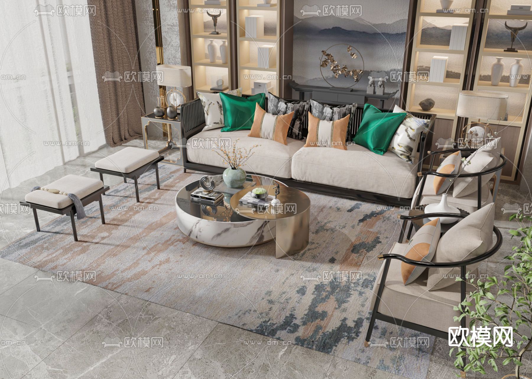 新中式组合沙发3d模型下载