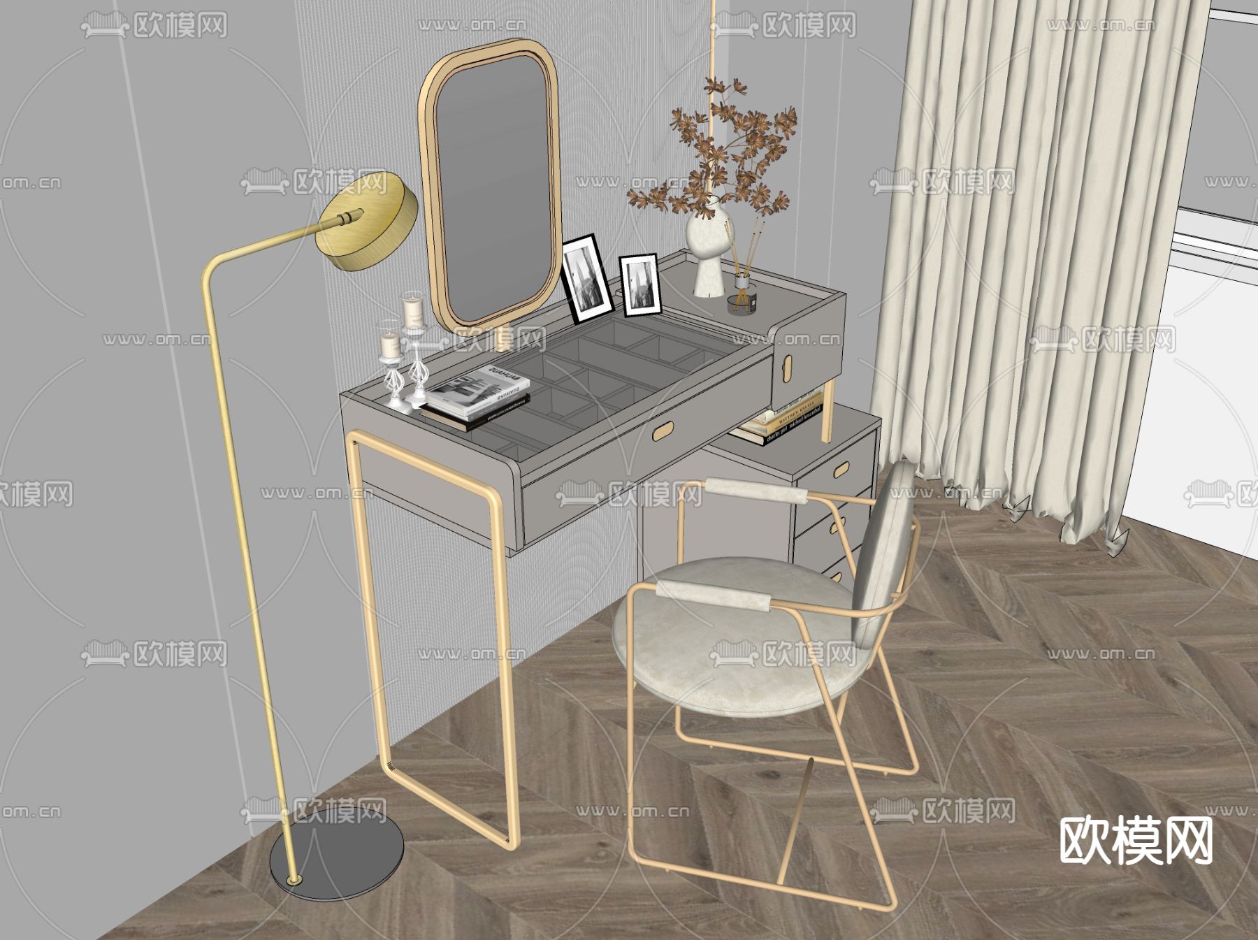轻奢梳妆台 化妆台su模型下载（渲染图2）