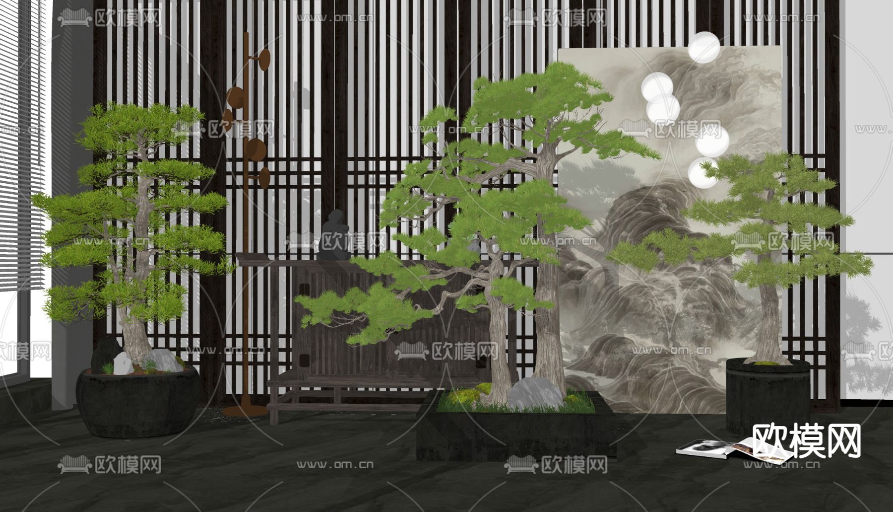 新中式松树盆栽 盆景su模型