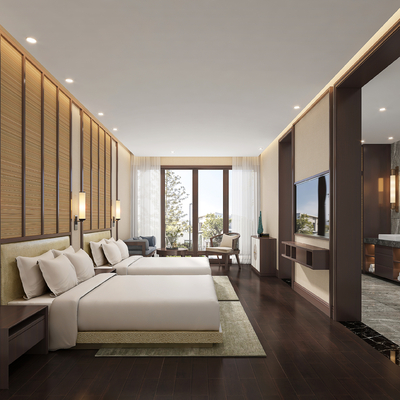  新中式酒店双床客房su模型 