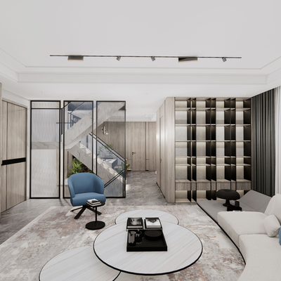  现代别墅客餐厅 别墅大堂u模型 