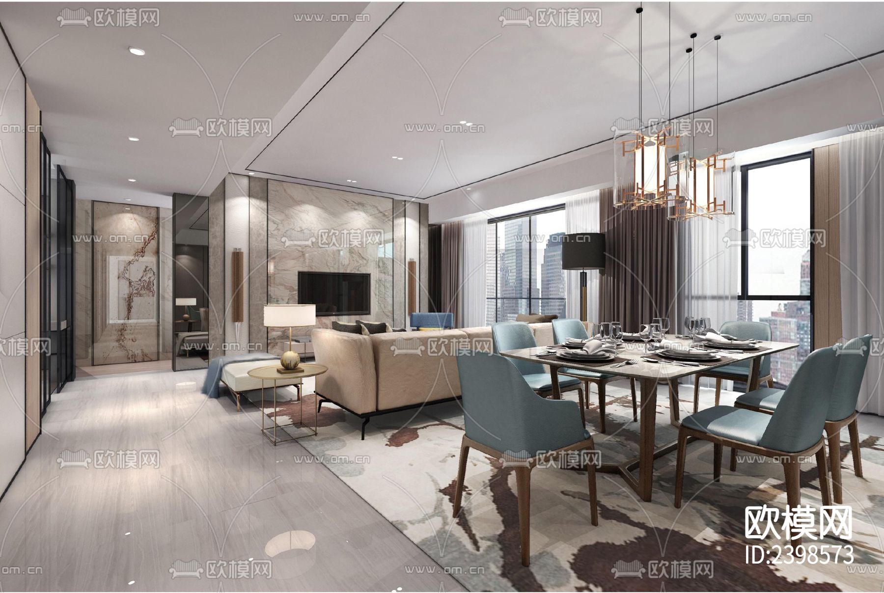 大平层豪宅样板间设计cad施工图下载（渲染图2）