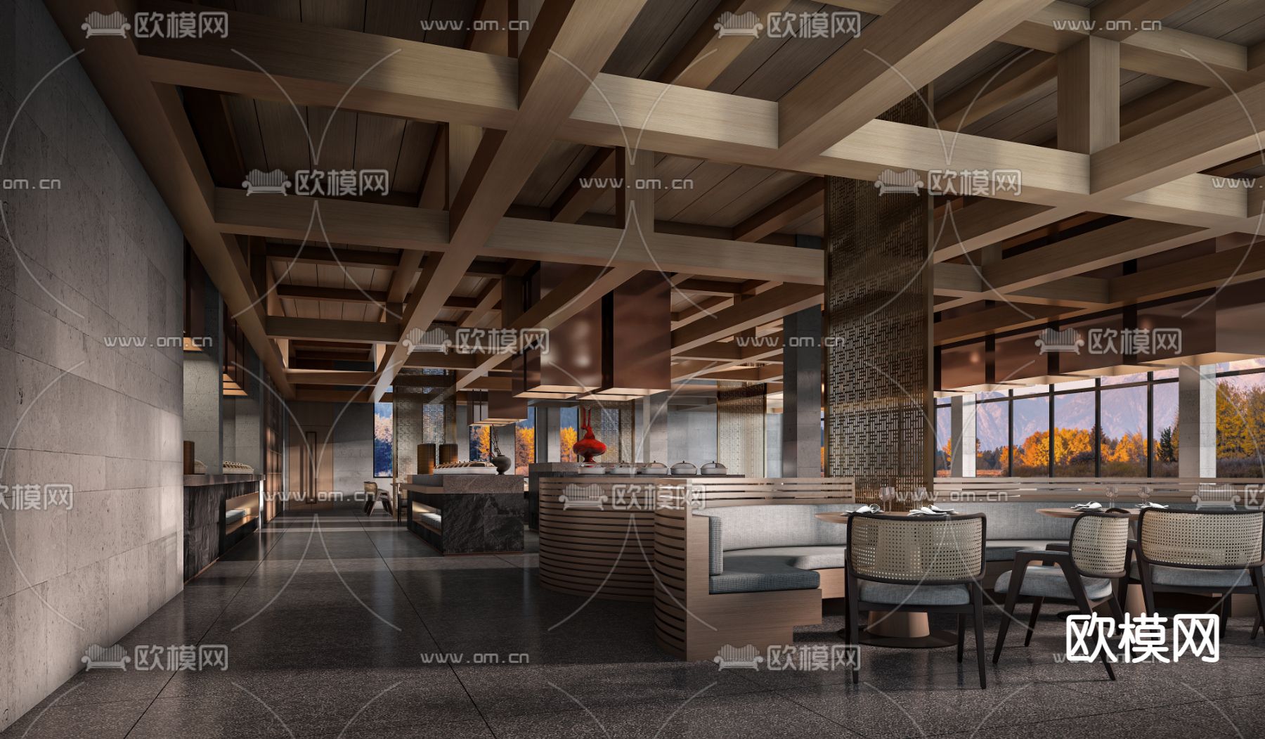 现代酒店自助餐厅3d模型下载（渲染图2）