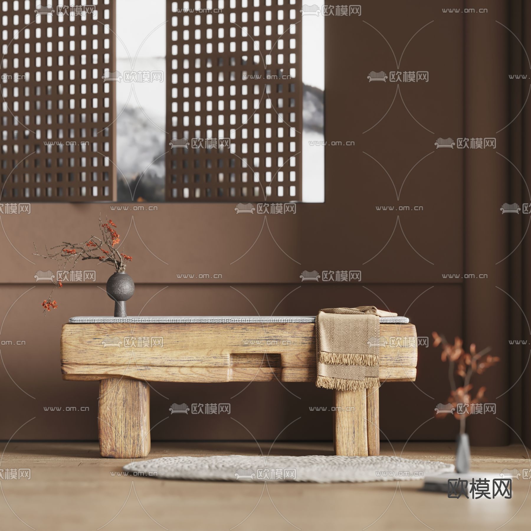 侘寂风床尾凳 脚踏su模型下载（渲染图1）