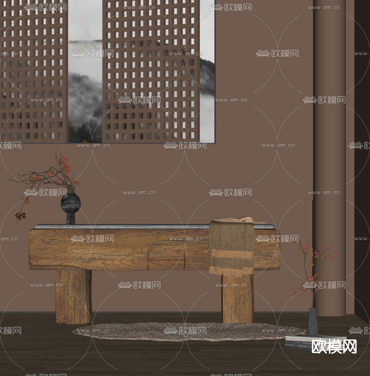 侘寂风床尾凳 脚踏su模型下载（渲染图2）