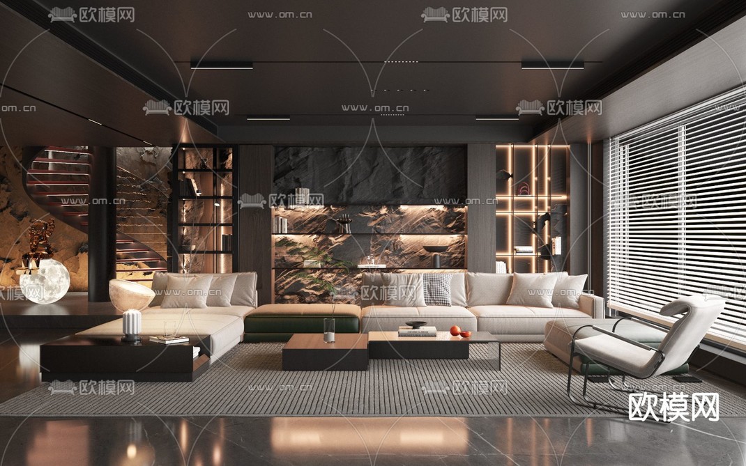 暗黑风客厅3d模型下载_ID12225764_3dmax免费模型-欧模网