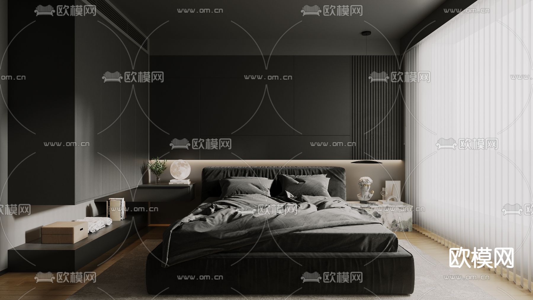 暗黑风卧室 主人房 主卧3d模型下载_ID12224418_3dmax免费模型-欧模网
