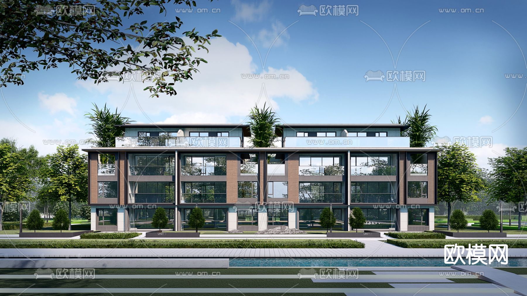 现代联排别墅外观su模型下载_ID12220160_sketchup模型下载-欧模网