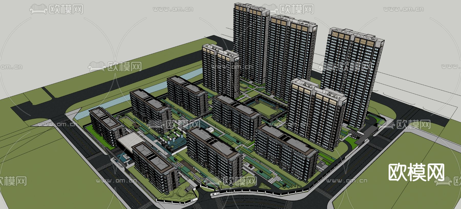 新中式住宅小区鸟瞰su模型