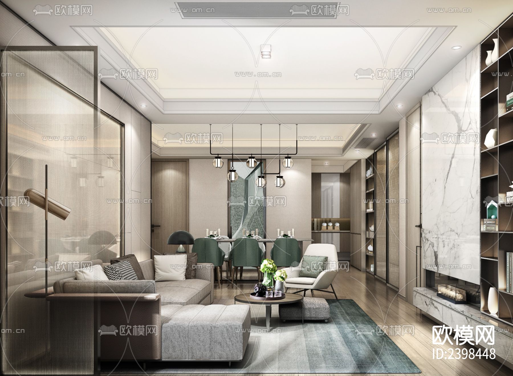 大平层豪宅样板间设计cad施工图下载（渲染图3）