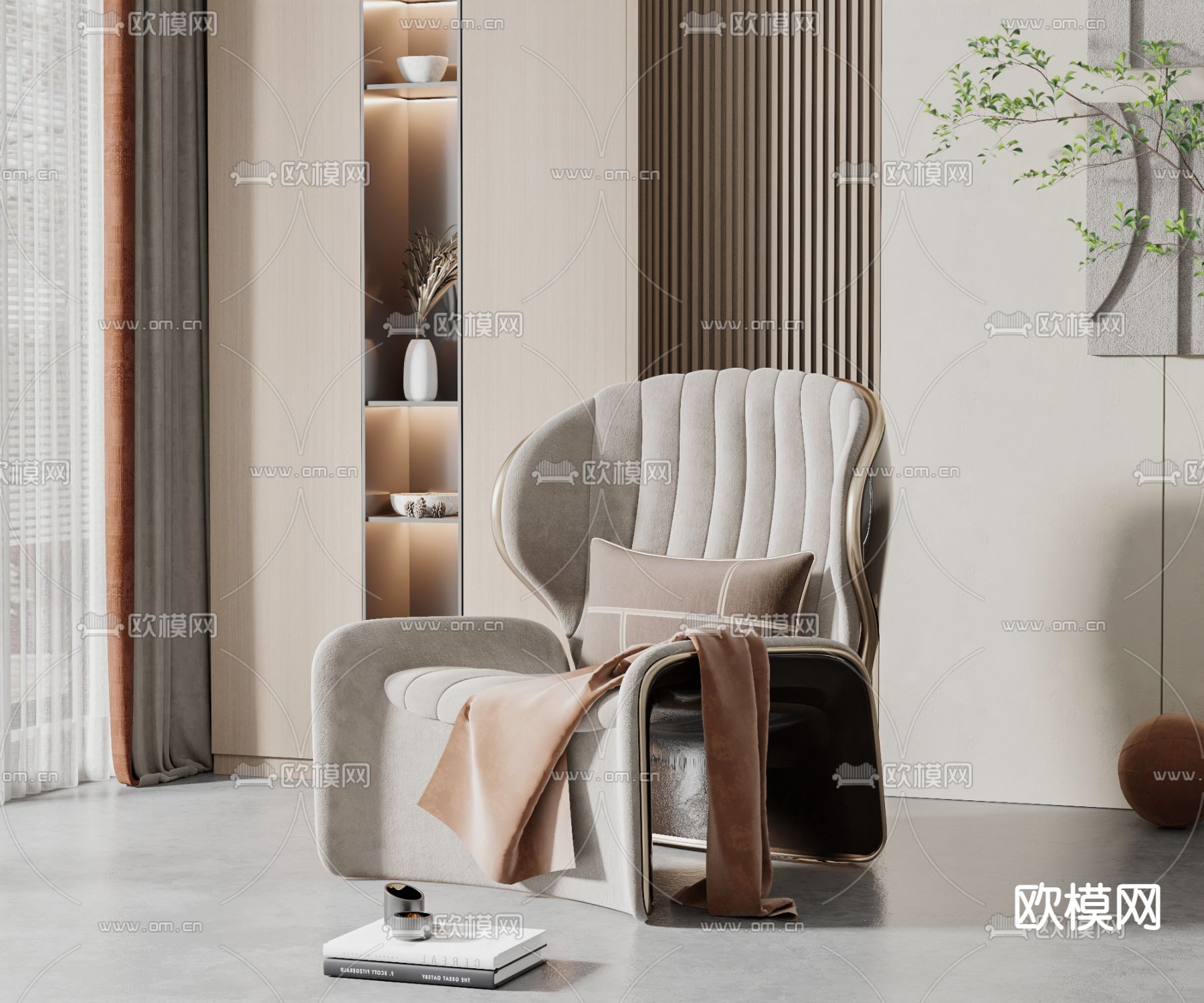 侘寂风休闲椅子su模型下载（渲染图1）