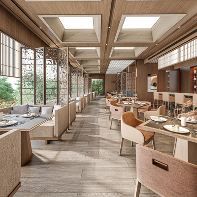  新中式西餐厅su模型 