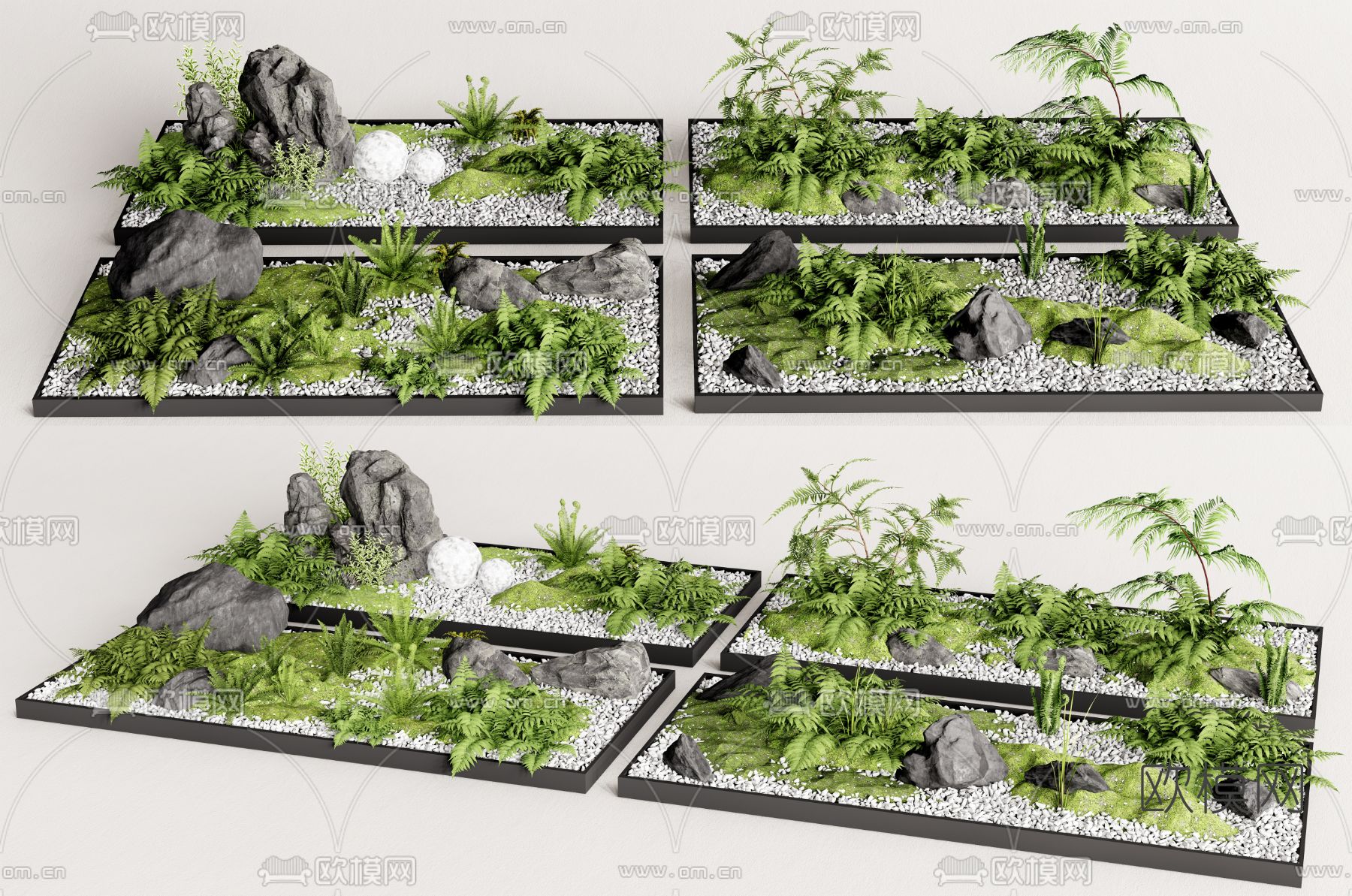 新中式景观石头 绿植小品3d模型下载