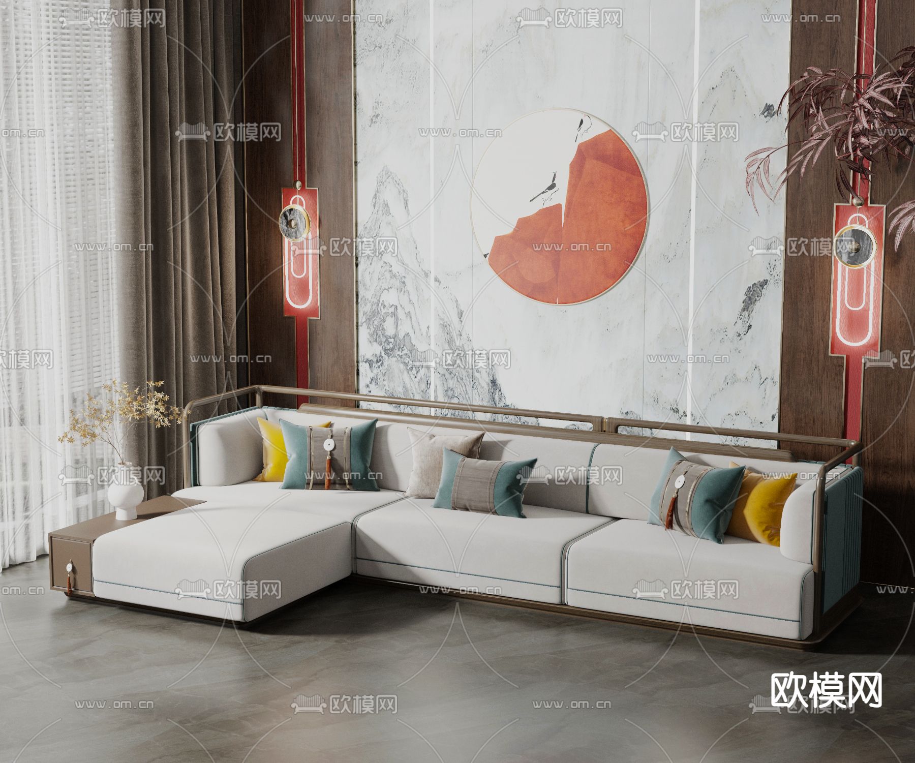 新中式转角沙发3d模型下载