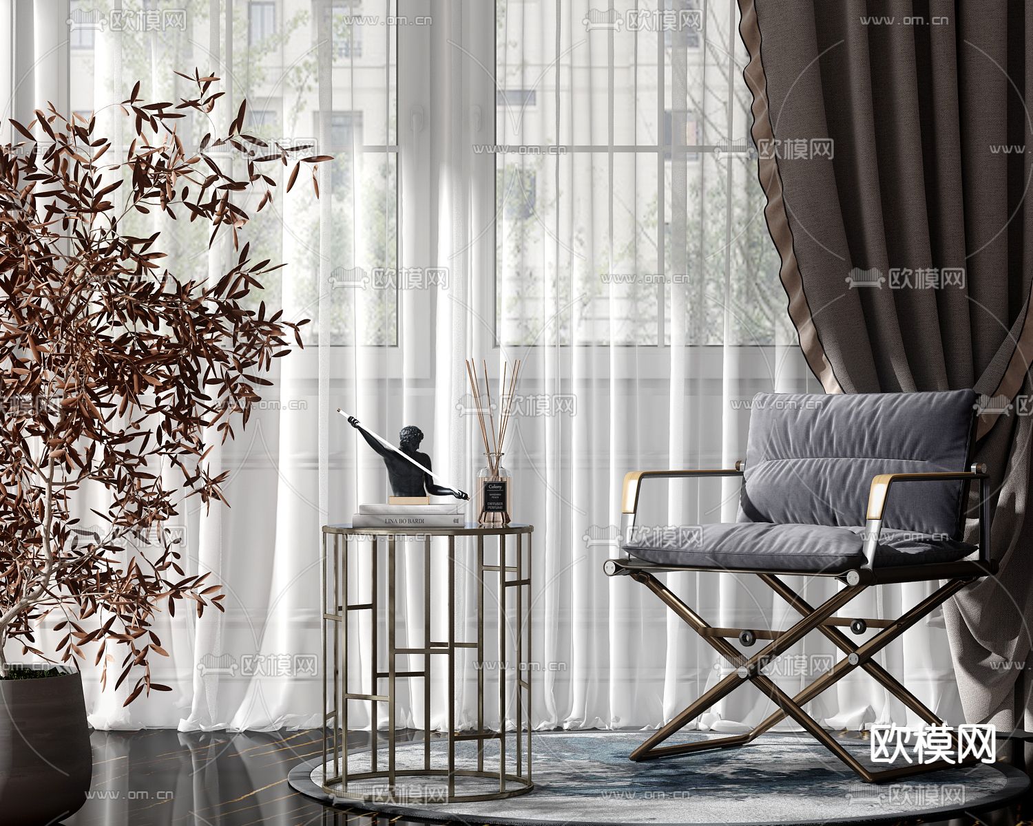 轻奢休闲椅子 圆几 边几su模型下载（渲染图1）