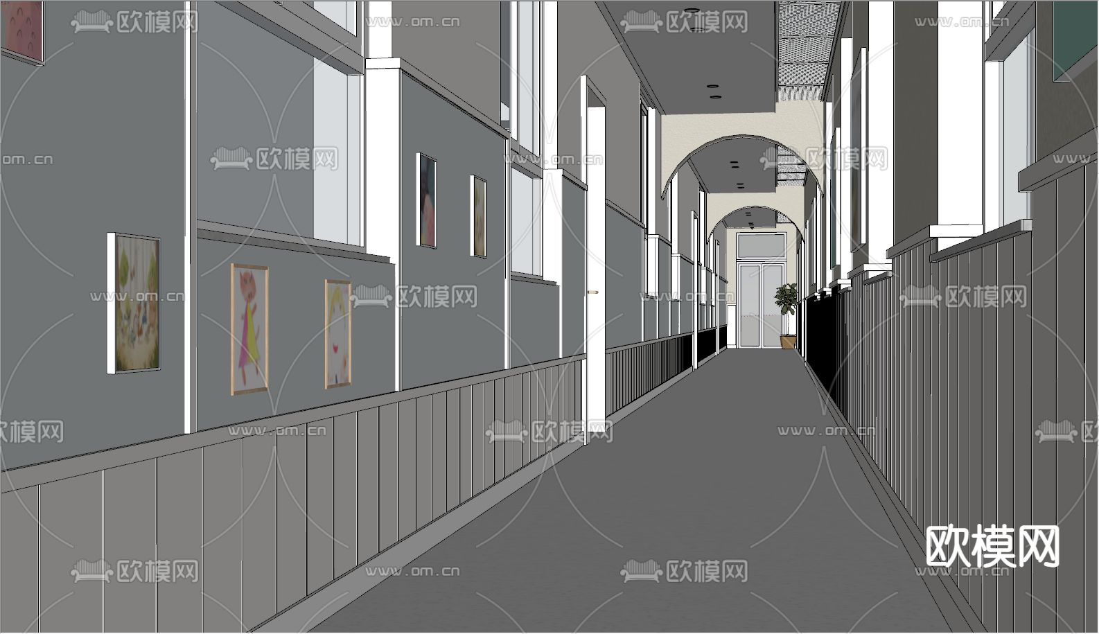 简欧幼儿园走廊su模型下载（渲染图2）