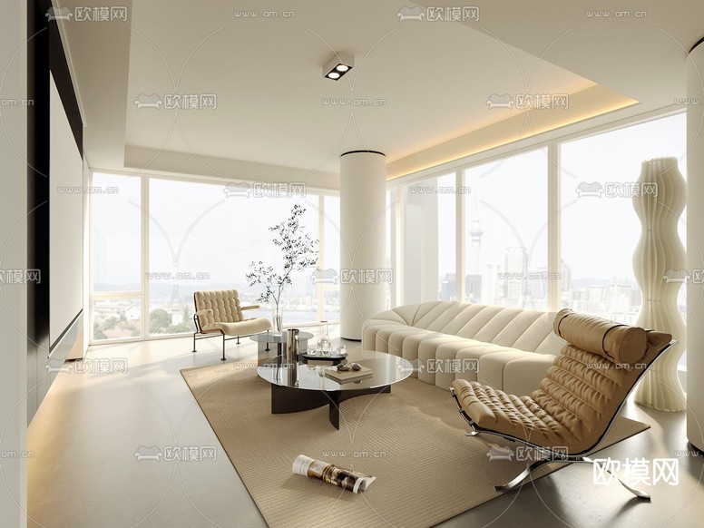 奶油风客厅3d模型下载
