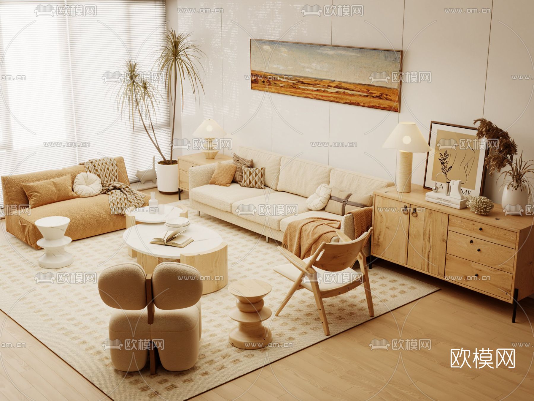 侘寂组合沙发3d模型下载（渲染图2）