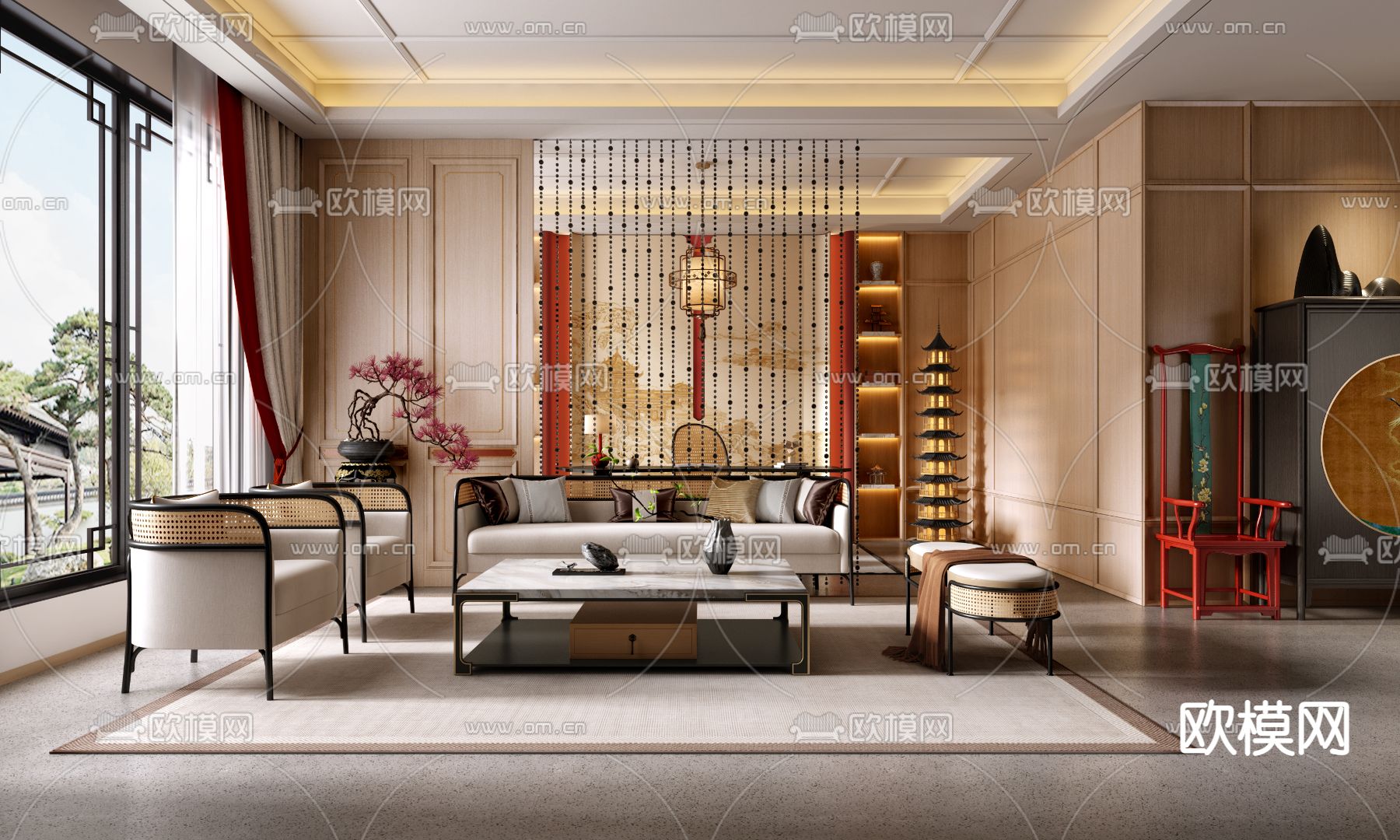 新中式客厅 书房3d模型