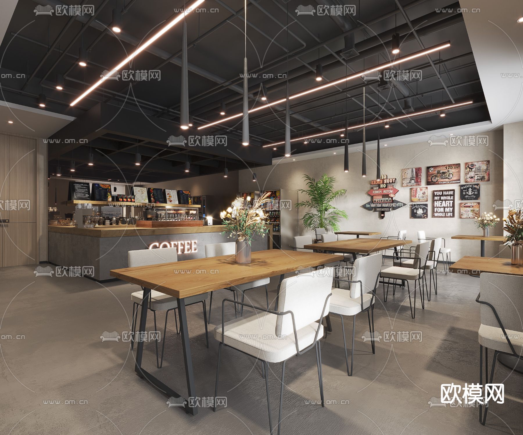 工业风咖啡厅su模型下载（渲染图1）