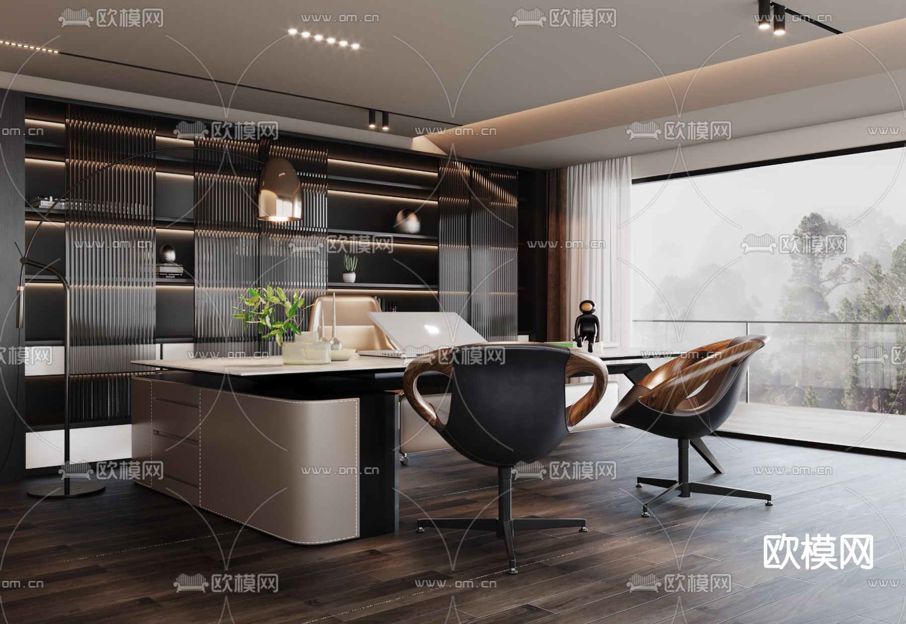 Minotti 班台桌椅 办公桌椅su模型下载（渲染图1）