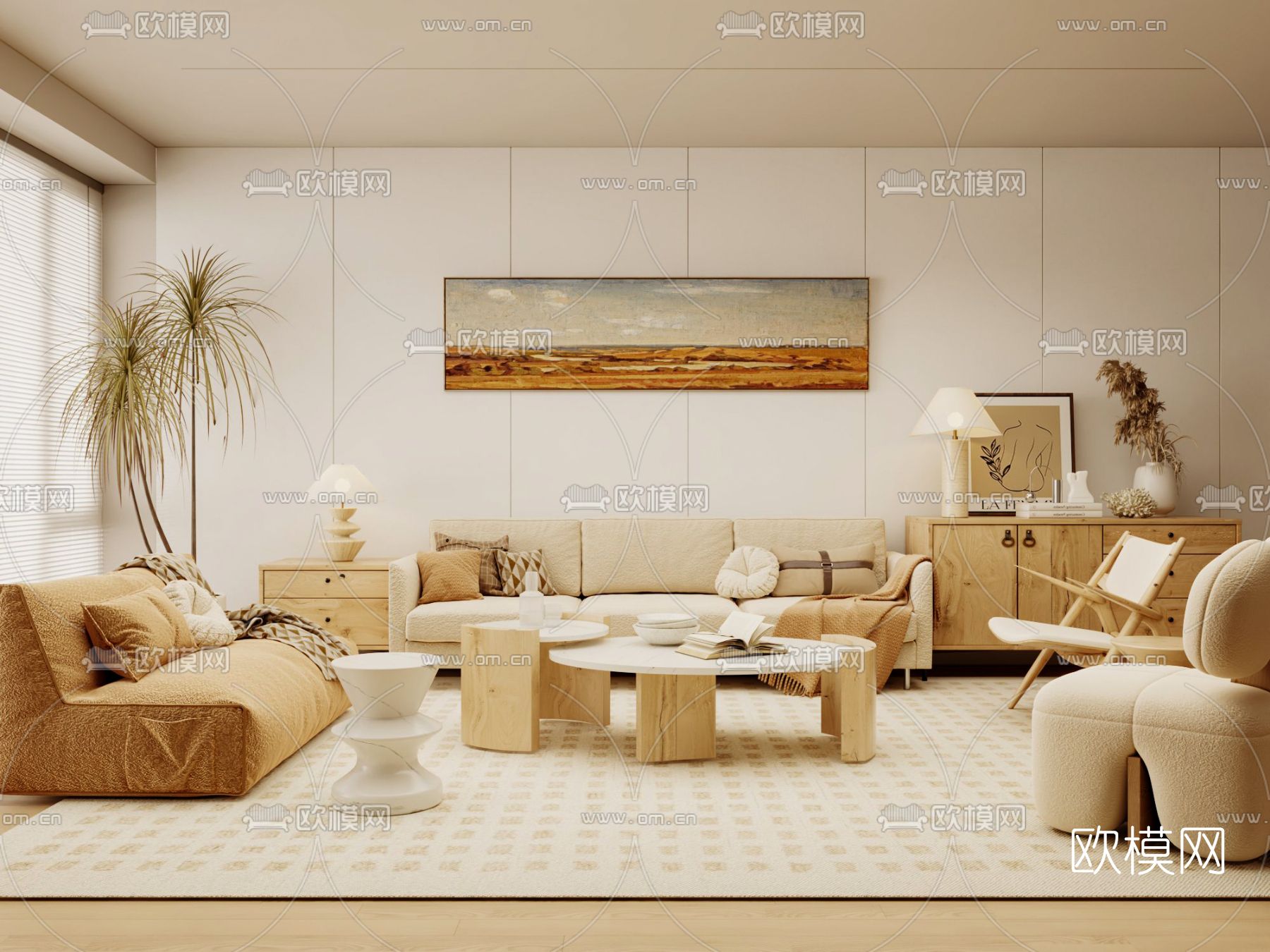 侘寂组合沙发3d模型下载（渲染图1）