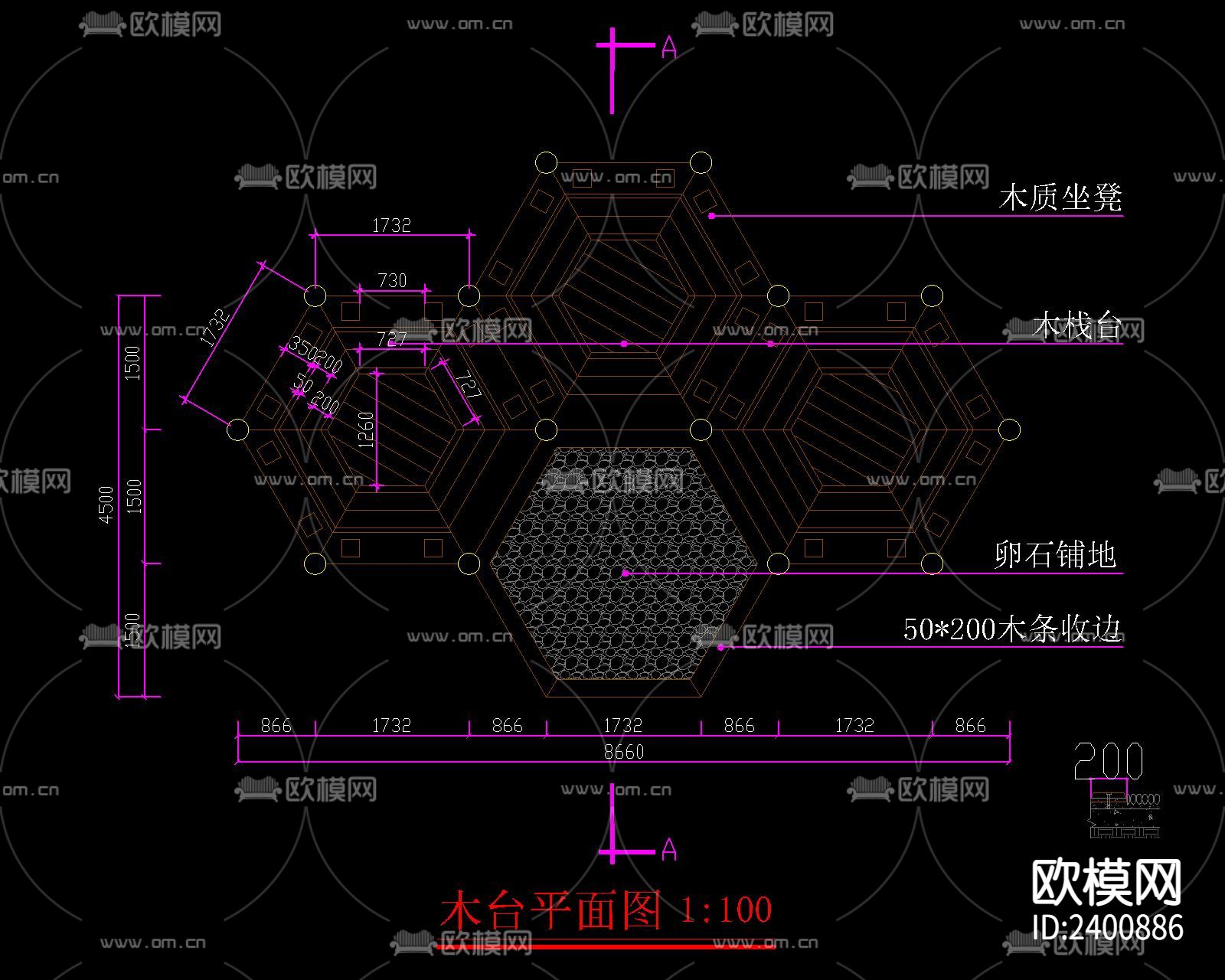 新中式组合多边形木结构花架设计cad施工图下载（渲染图3）