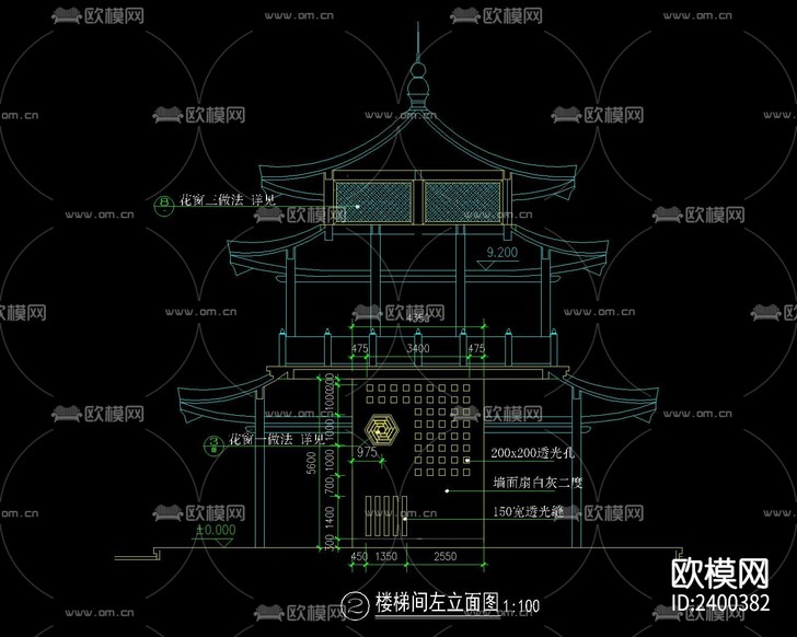 中式古建三層閣樓建筑設(shè)計cad施工圖下載(渲染圖2)
