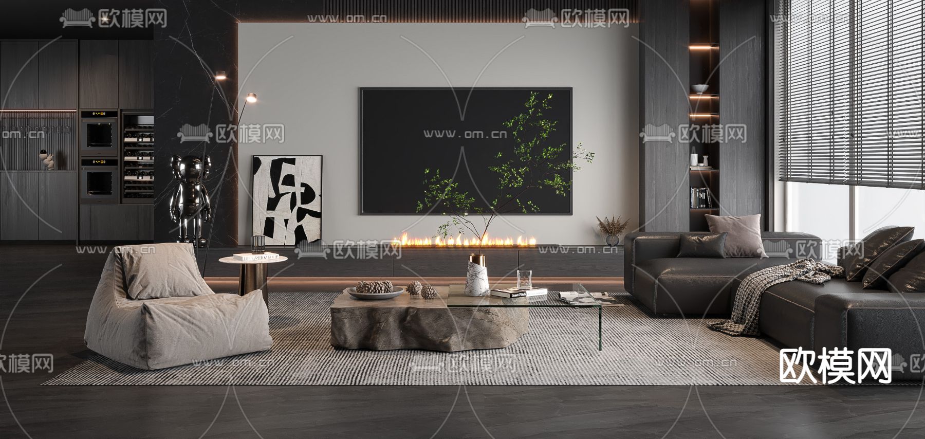 暗黑风客厅3d模型下载（渲染图2）