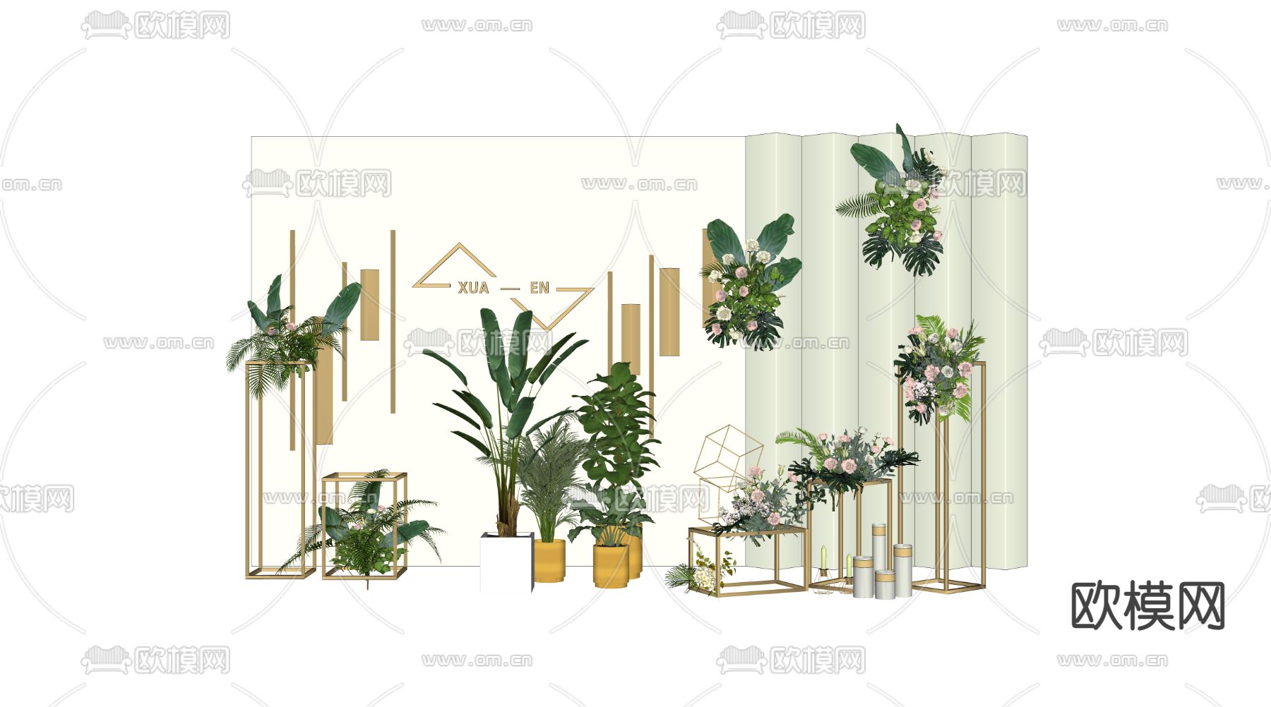 现代商展植物背景墙su模型下载（渲染图2）