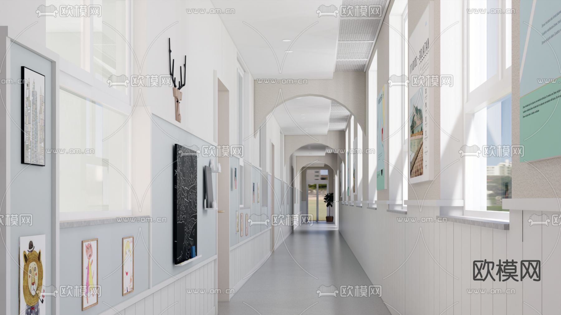 简欧幼儿园走廊su模型下载（渲染图1）