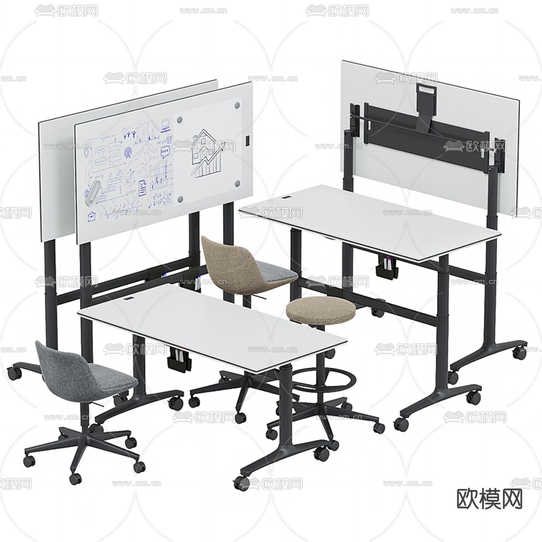 现代培训桌椅3d模型下载