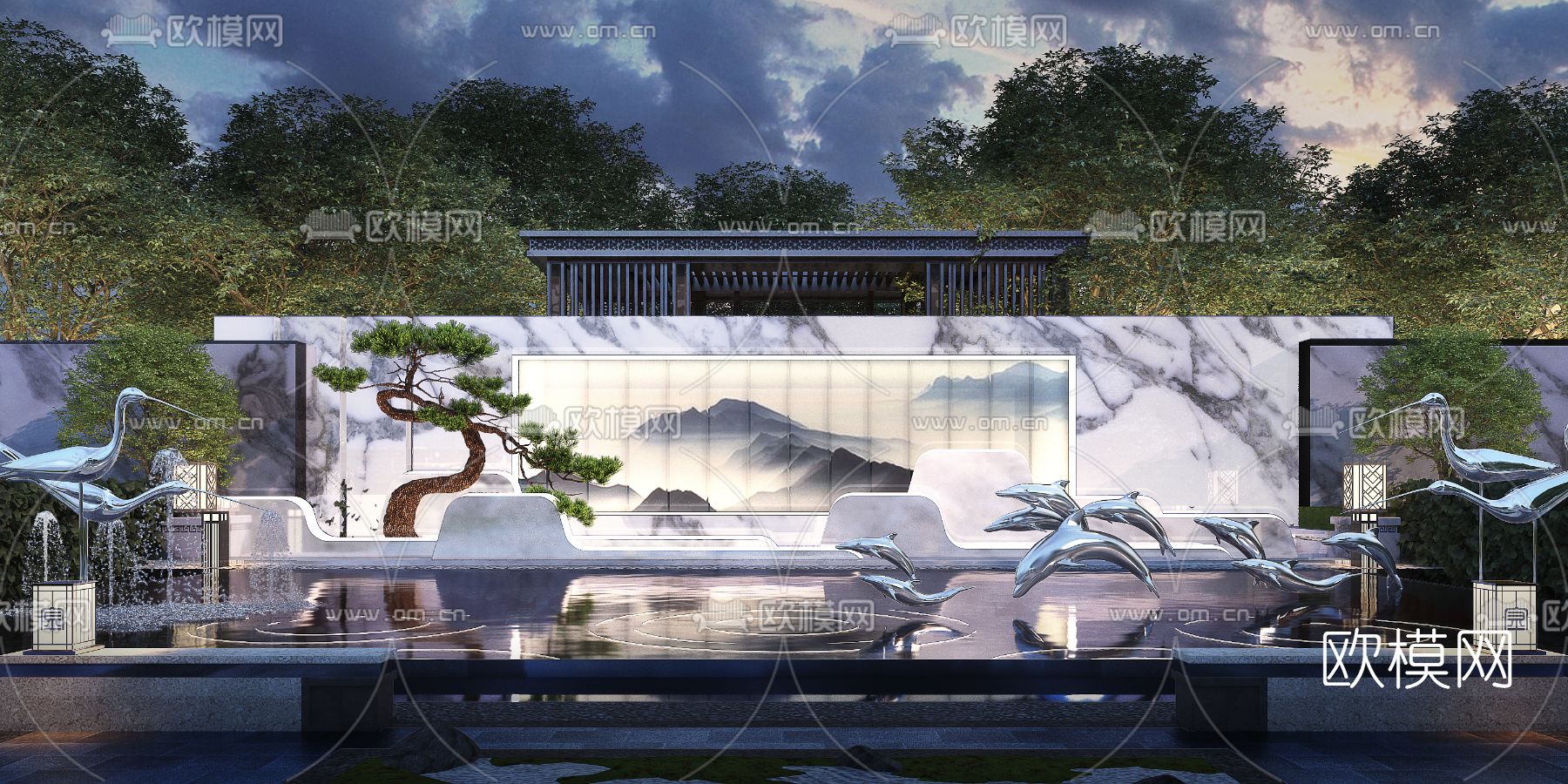 新中式水池雕塑小品3d模型下载_ID12228498_3dmax免费模型-欧模网