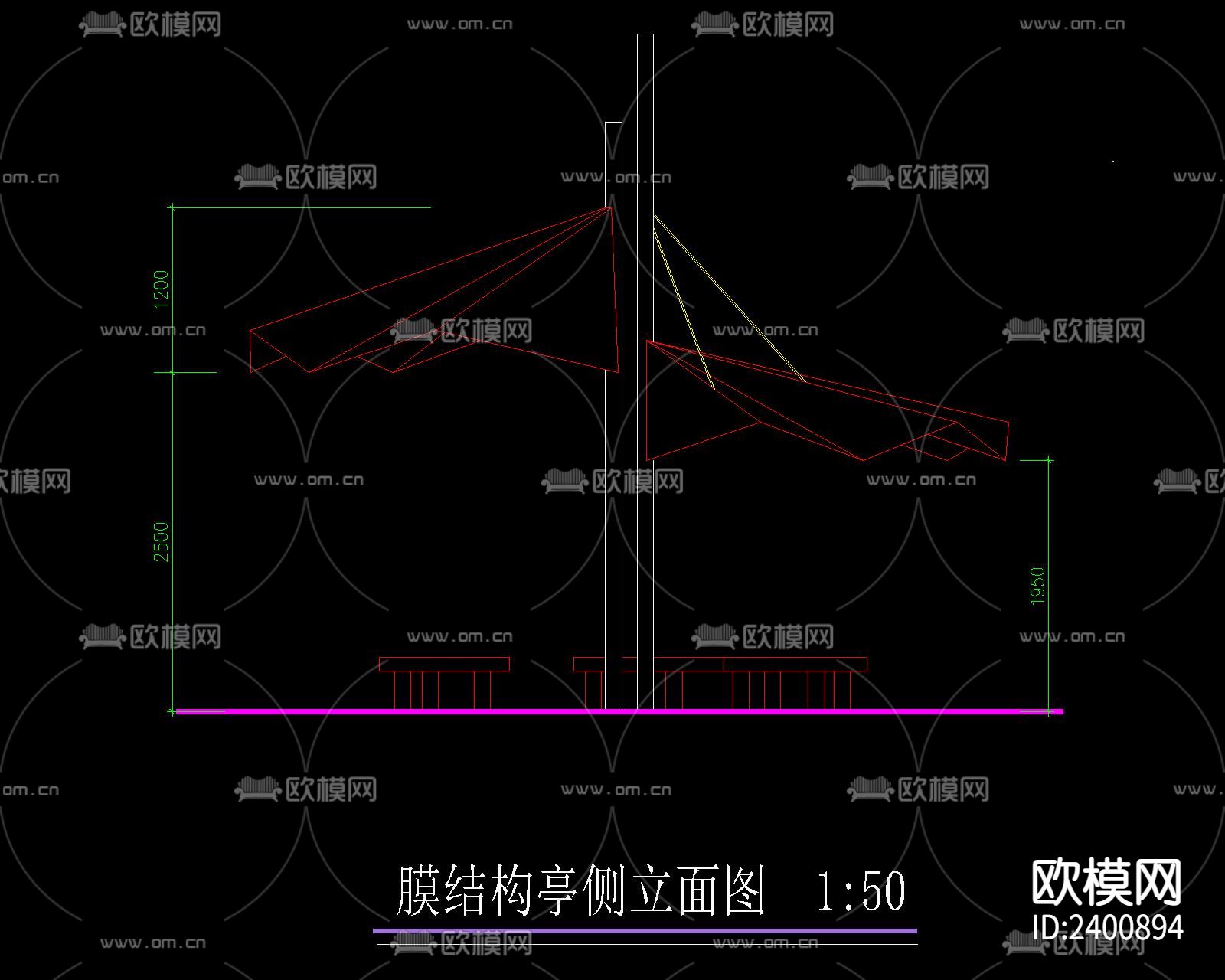 现代膜结构亭设计cad施工图下载（渲染图1）