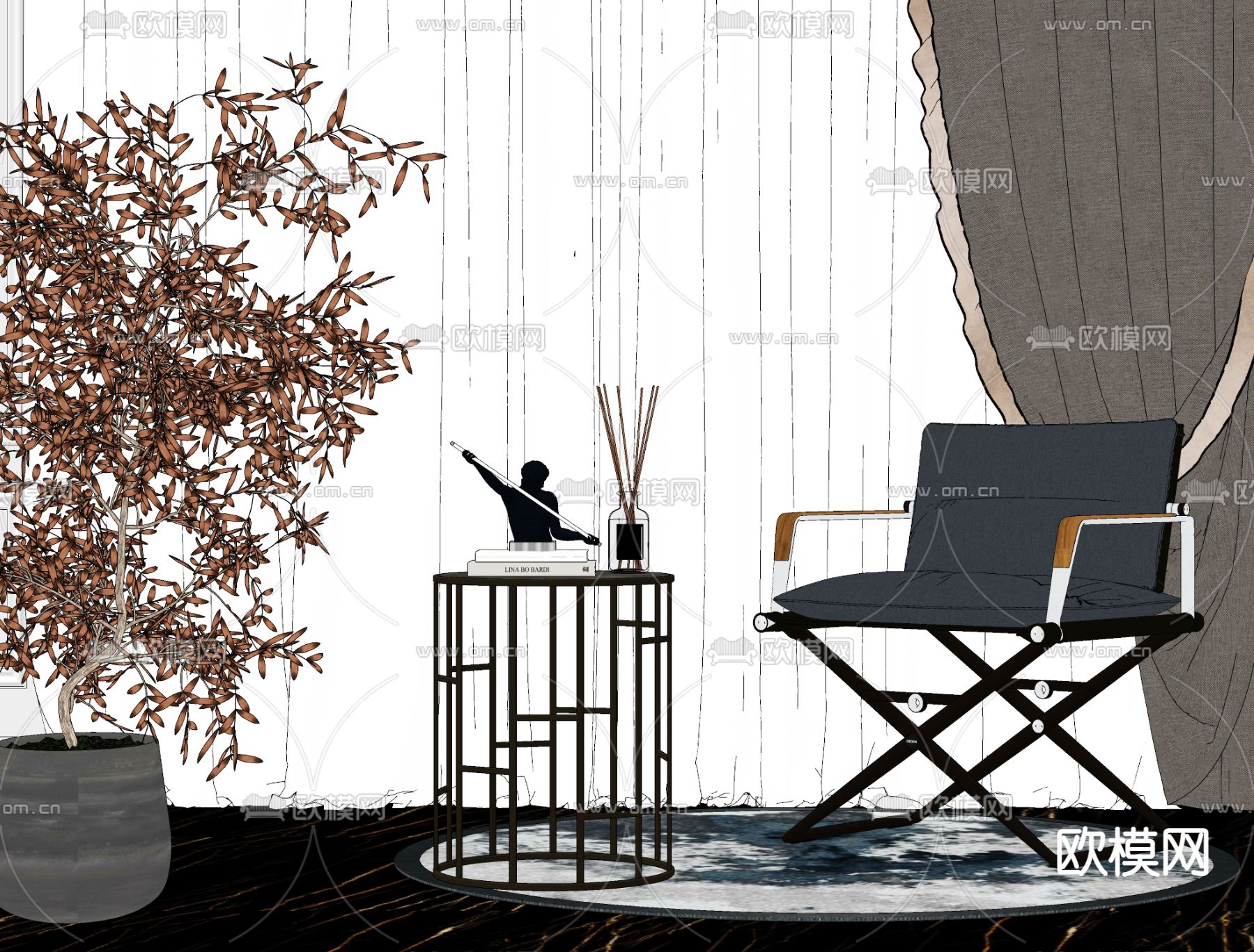 轻奢休闲椅子 圆几 边几su模型下载（渲染图2）