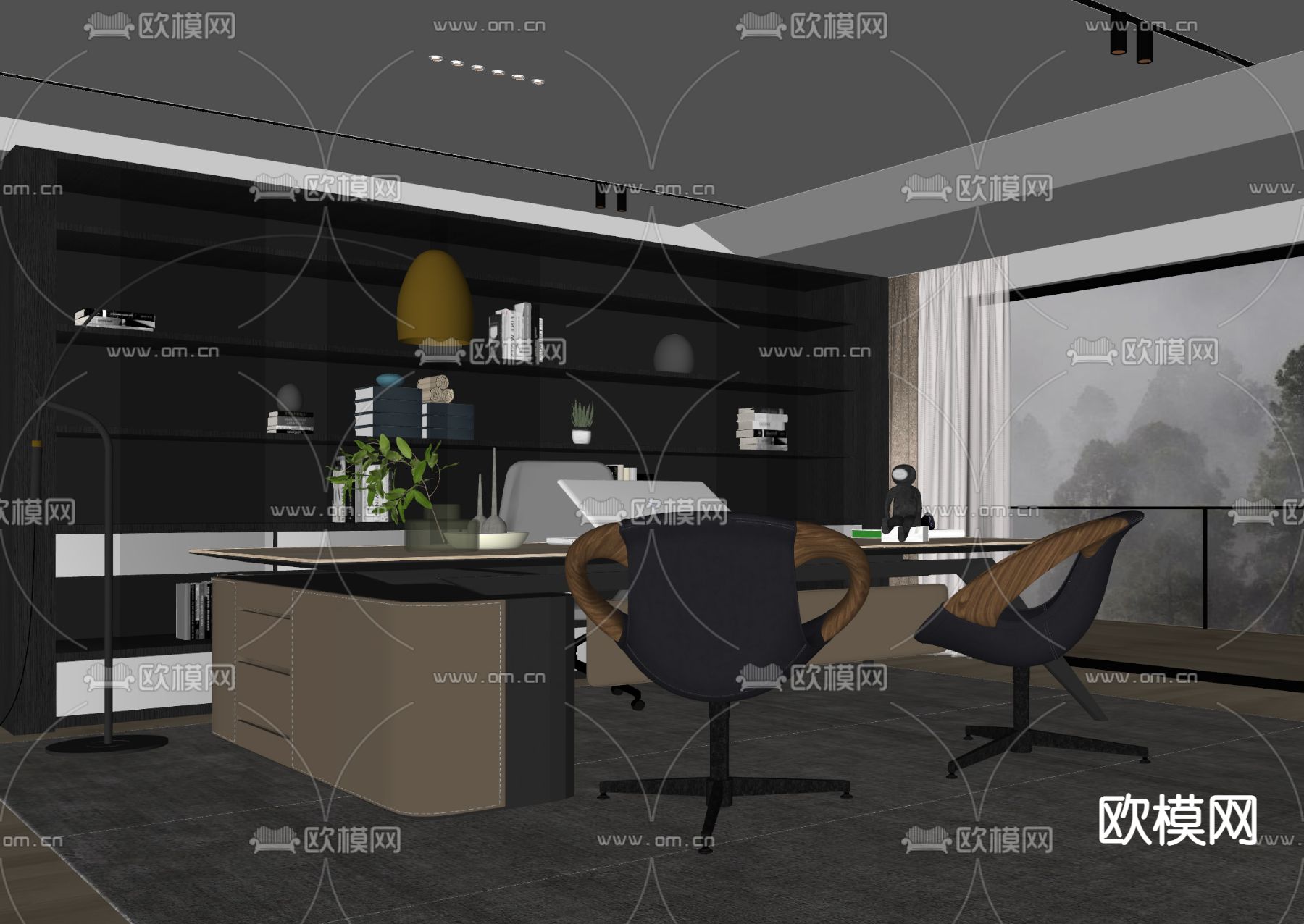 Minotti 班台桌椅 办公桌椅su模型下载（渲染图2）