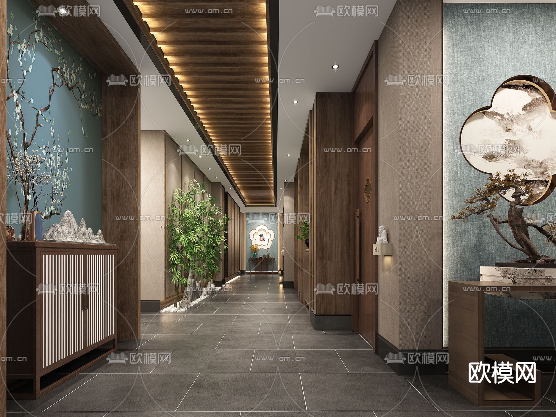 新中式SPA美容店过道3d模型下载（渲染图1）