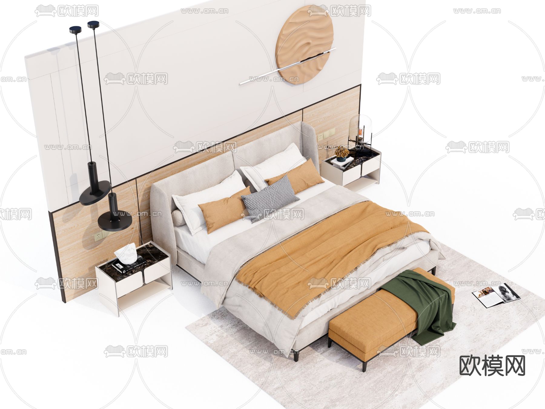 北欧双人床su模型下载（渲染图1）