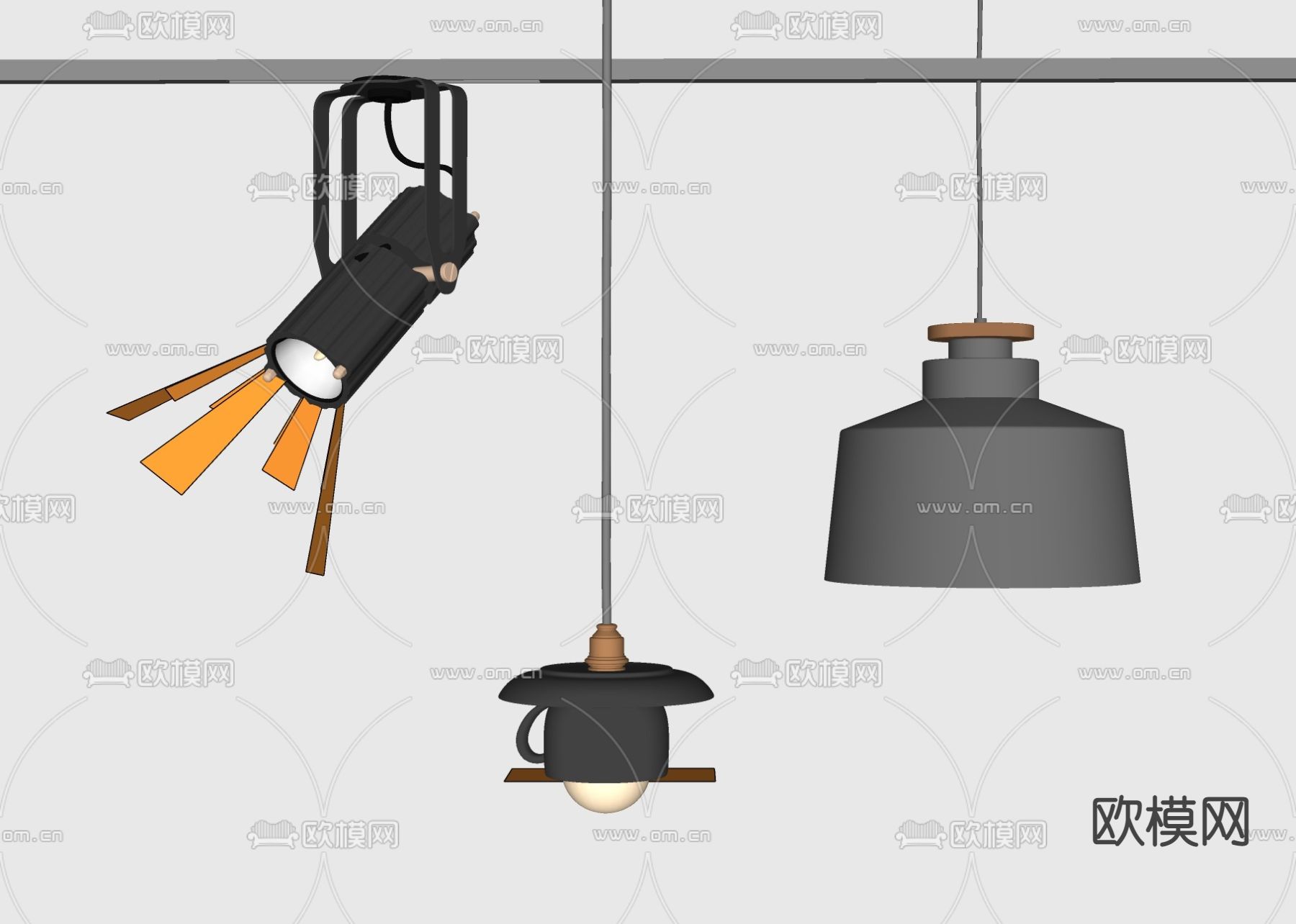 工业风杯子吊灯 轨道灯su模型下载（渲染图2）