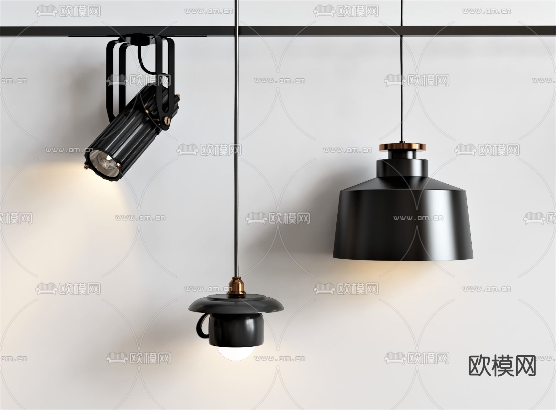工业风杯子吊灯 轨道灯su模型下载（渲染图1）