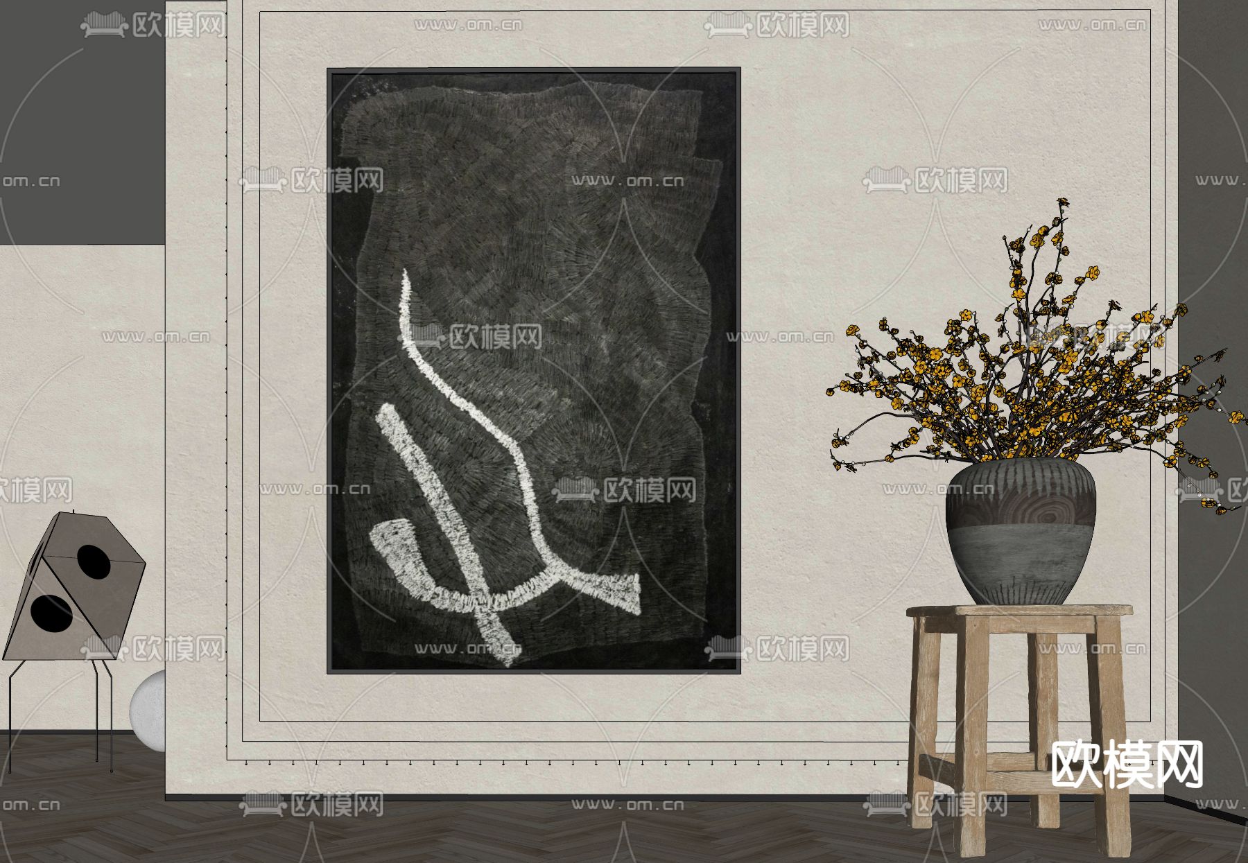 侘寂抽象装饰画 挂画su模型下载（渲染图2）