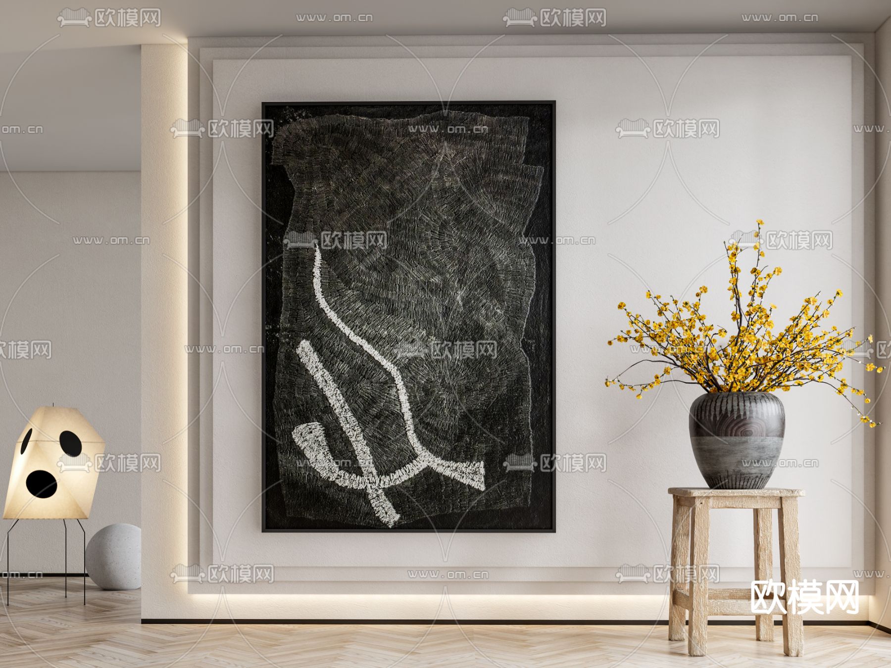 侘寂抽象装饰画 挂画su模型下载（渲染图1）