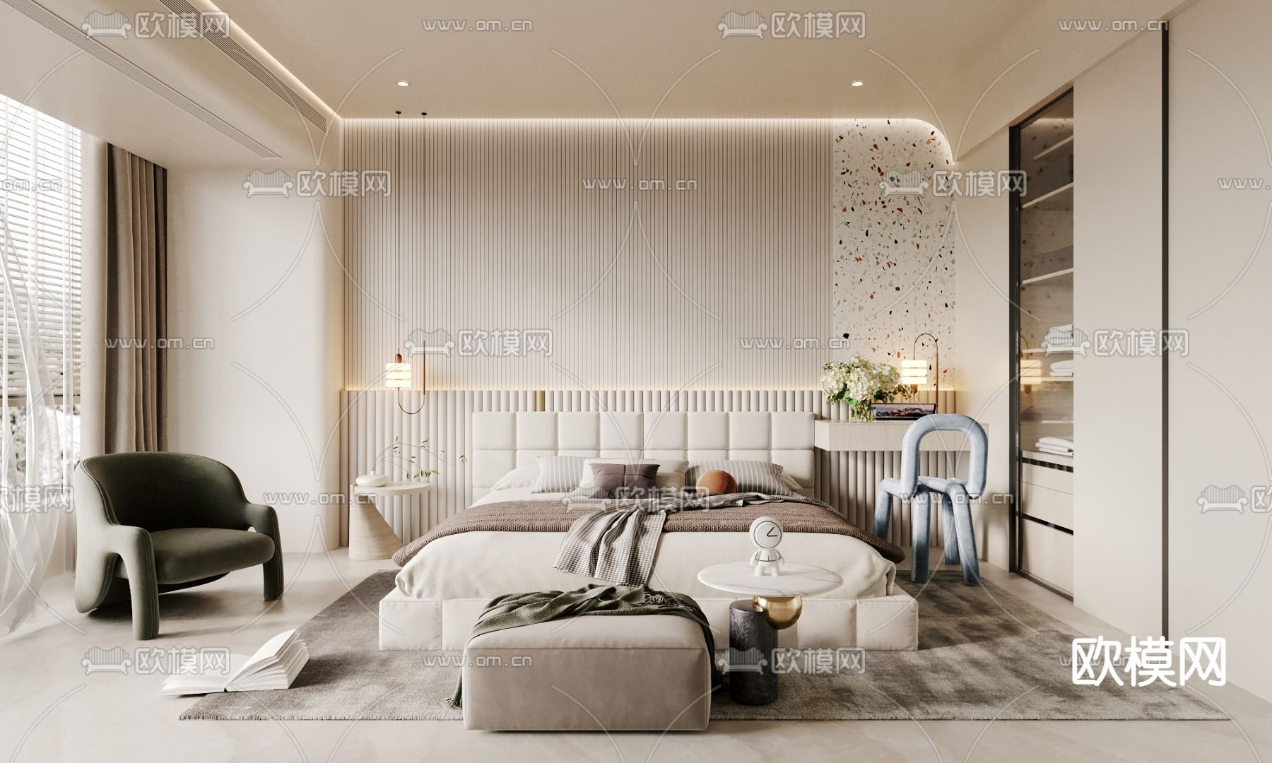 奶油风卧室 主人房3d模型下载