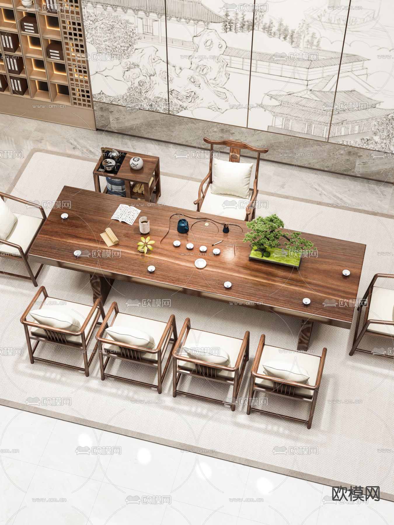 新中式茶台 茶桌椅3d模型下载（渲染图2）