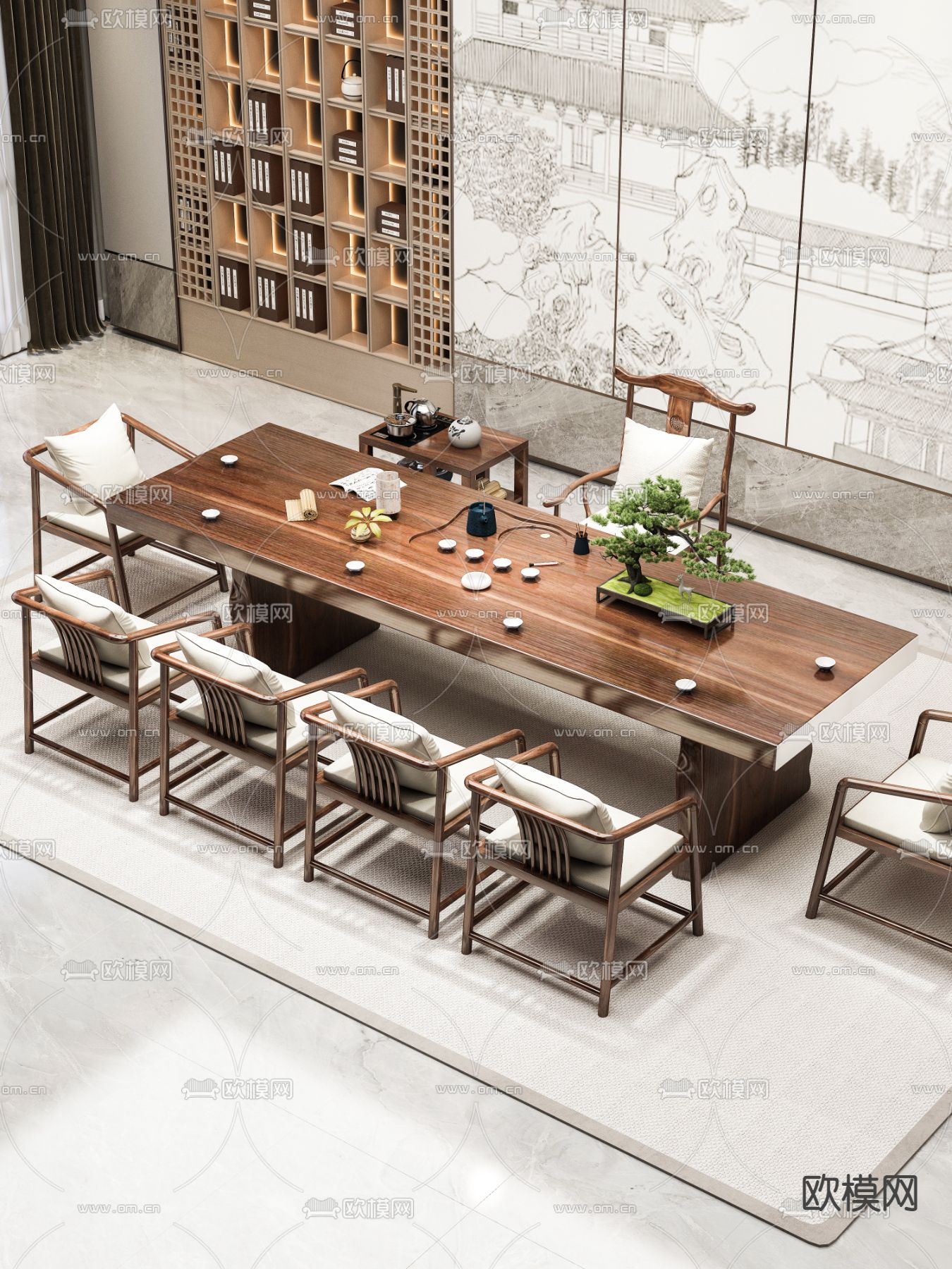 新中式茶台 茶桌椅3d模型下载（渲染图1）
