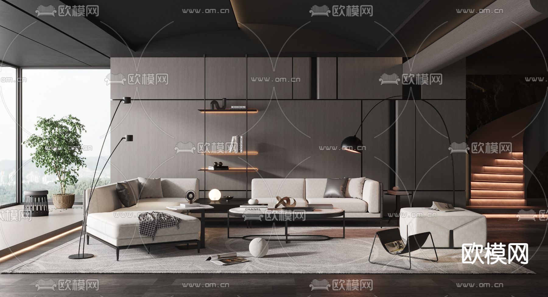 暗黑风客厅3d模型下载